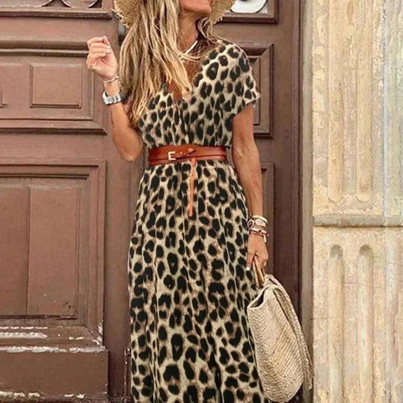 Chocolate Brown Casual Women's Leopard Print Deep V BatwingSleeve Dress - Picture 3 of 5